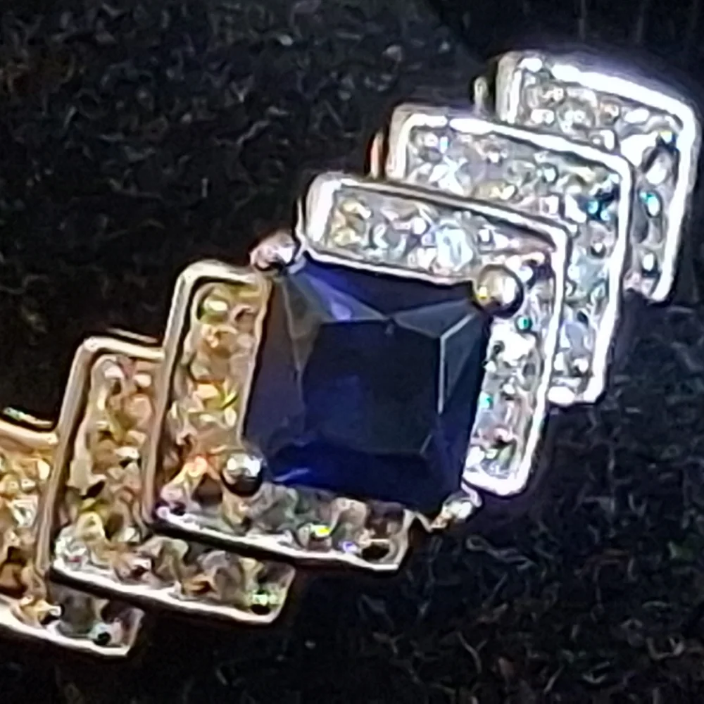 Sterling Silver Women's Ring With Faux Sapphire And Diamonds Size 10 3/4